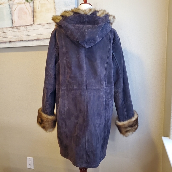 DENNIS BASSO | Suede Leather & Faux Fur Whipstitch Coat sz L - Picture 4 of 9